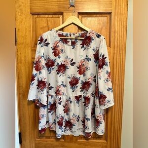 Faded Glory Cream 3/4 Sleeve Floral Tunic